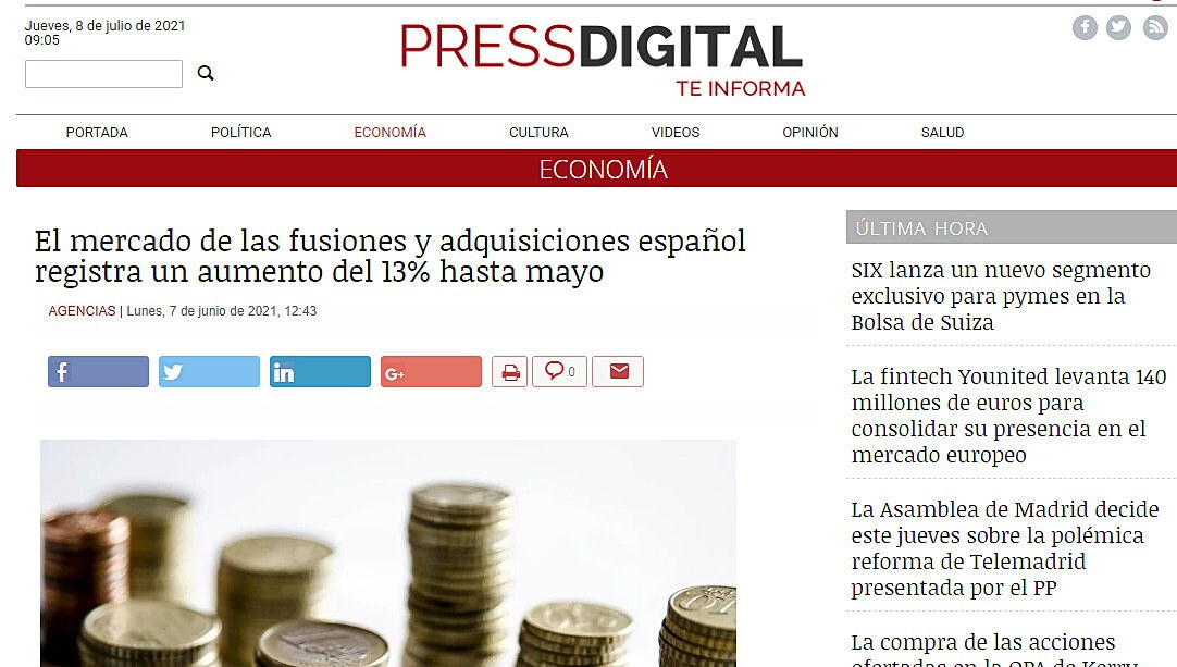 El mercado de las fusiones y adquisiciones espaol registra un aumento del 13% hasta mayo